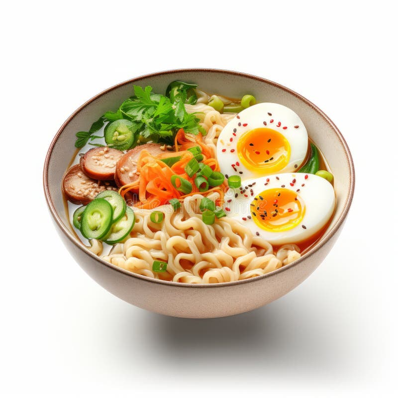 Realistic Hyper-detailed Ramen Bowl With Vegetables And Egg stock illustration