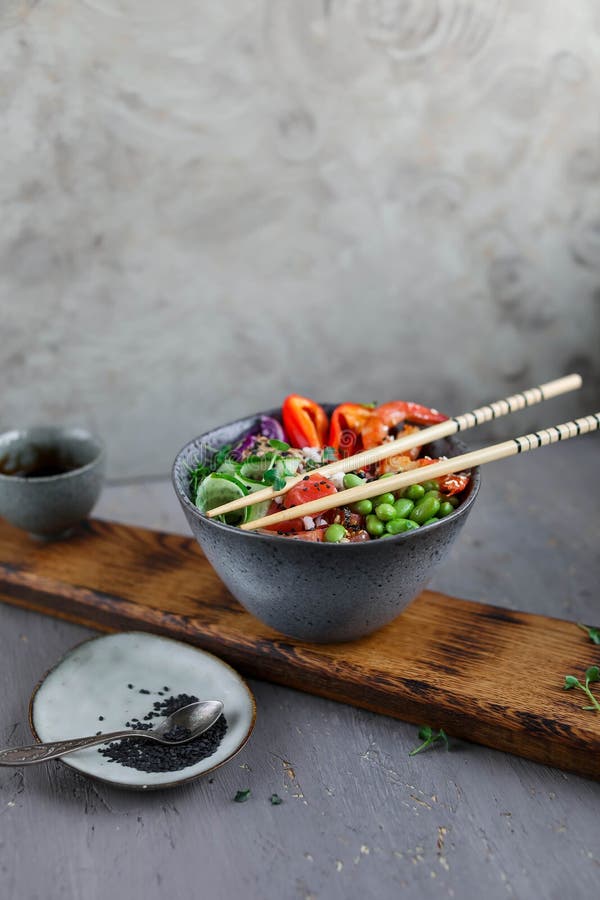 Bowl with Rice, Shrimp, Salted Salmon, Edamame Beans, Red Cabbage and
