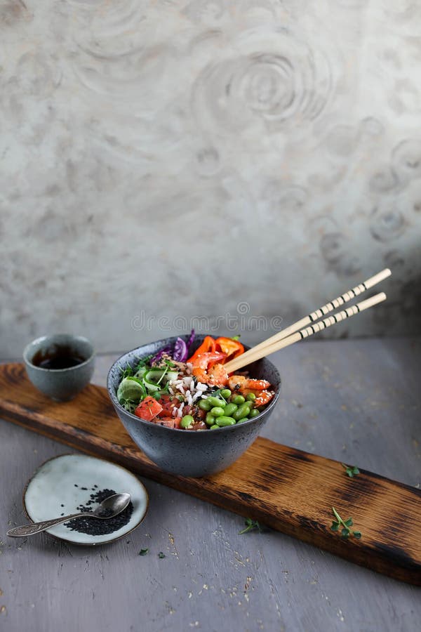 Bowl with Rice, Shrimp, Salted Salmon, Edamame Beans, Red Cabbage and