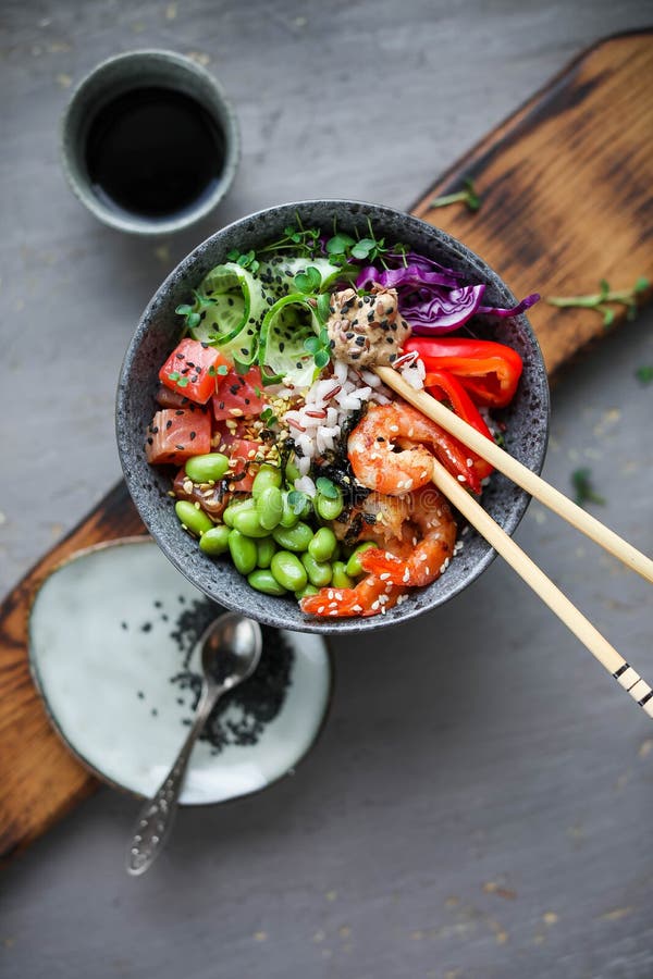 Bowl with Rice, Shrimp, Salted Salmon, Edamame Beans, Red Cabbage and