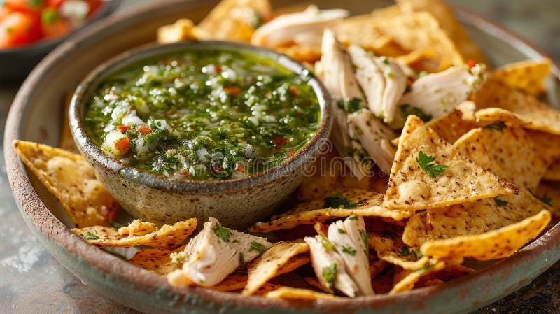 A bowl of salsa with nachos stock images