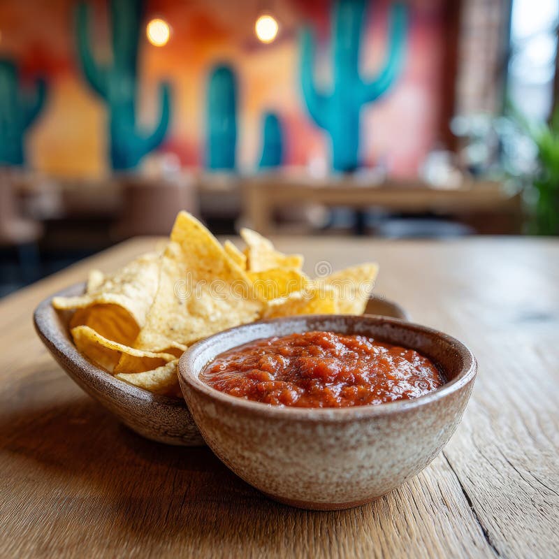 Bowl of salsa with nachos on a table, cactus backdrop. stock image