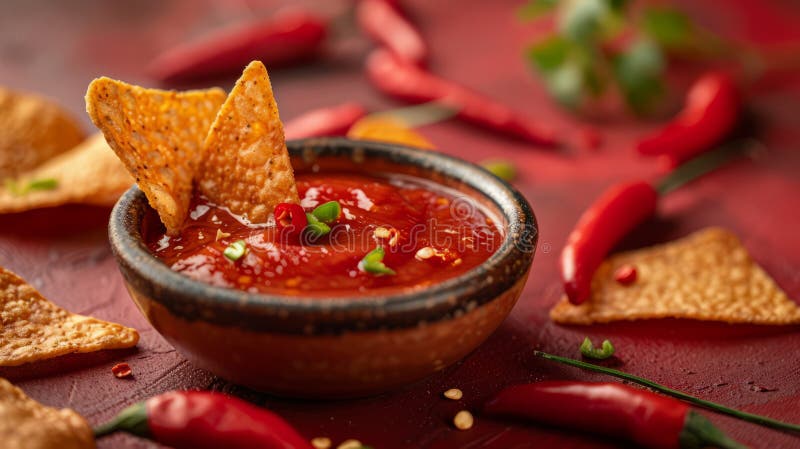 Bowl of salsa with tortilla chips and red chilies stock photo
