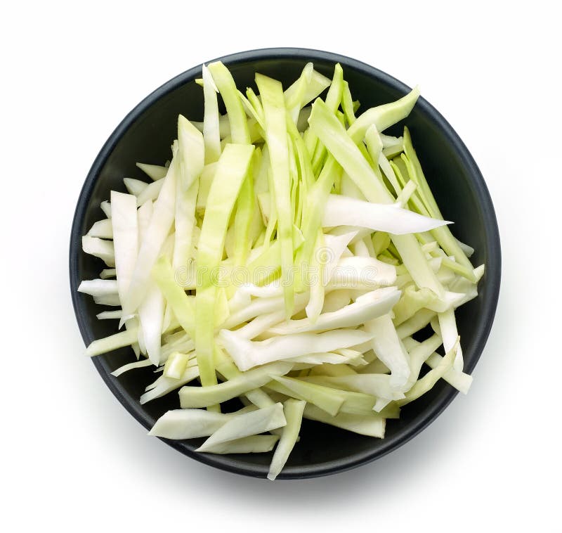 Bowl of sliced cabbage, from above stock images