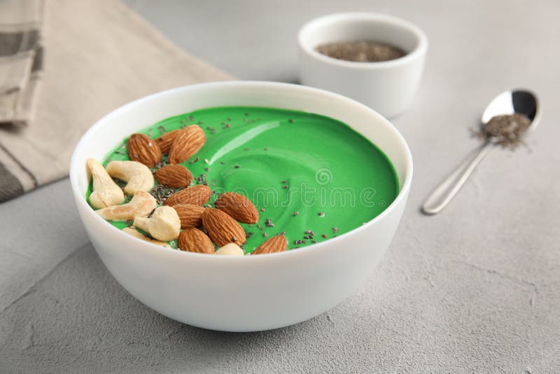 Bowl of Spirulina Smoothie with Nuts and Chia Seeds Stock Image Image