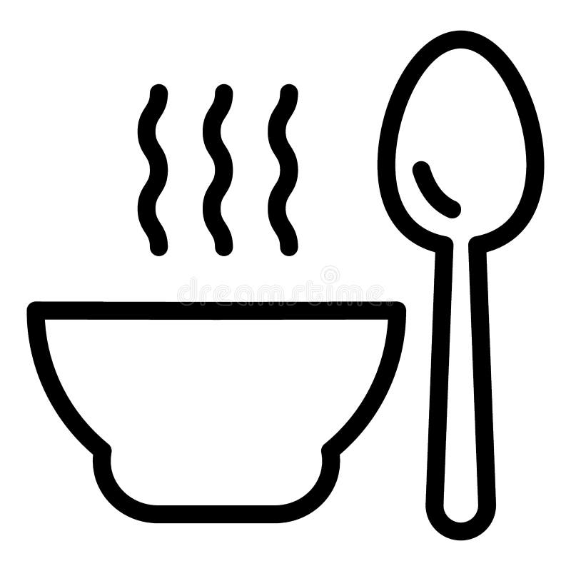 Bowl and spoon with steam line icon. Deep plate and spoon vector illustration isolated on white. Hot dish outline style