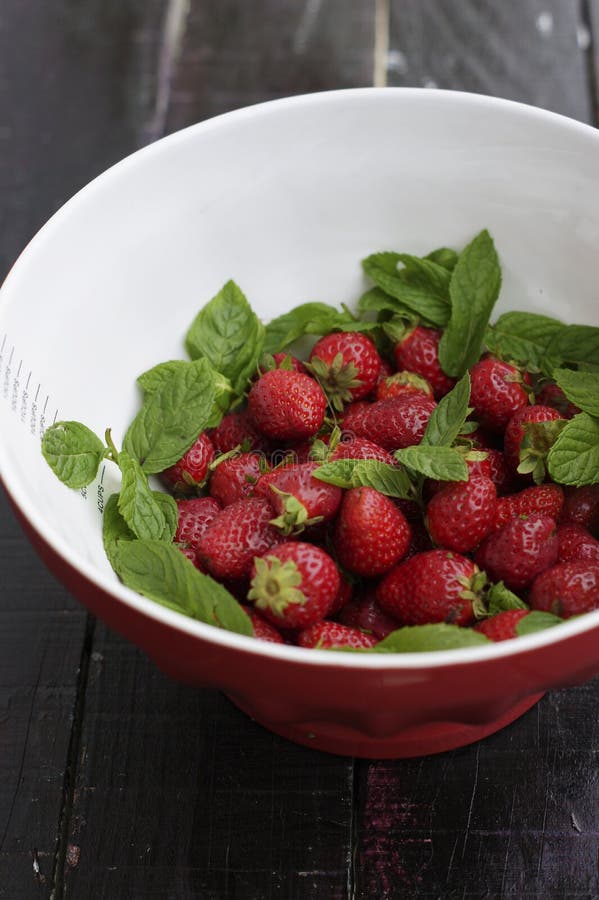 Bowl of Strawberries with Fresh Mint Stock Image Image of spring
