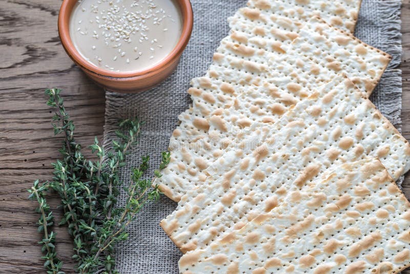 Bowl of tahini with matzos