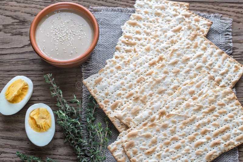 Bowl of tahini with matzos