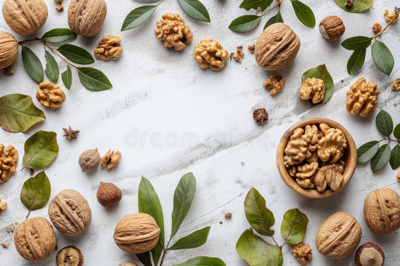 A bowl of walnuts is surrounded by a variety of nuts and leaves stock images