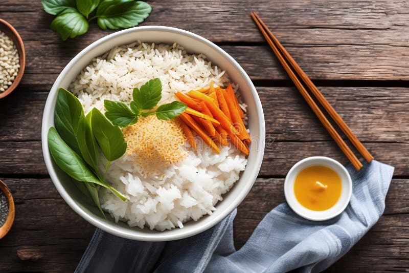 Bowl of White Rice with Side Dishes, Generative AI Stock Illustration