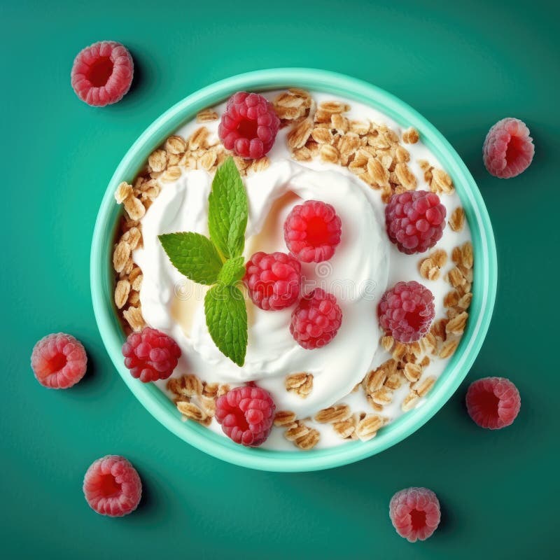 Bowl with Yogurt, Raspberries and Granola. Top View. Generative AI