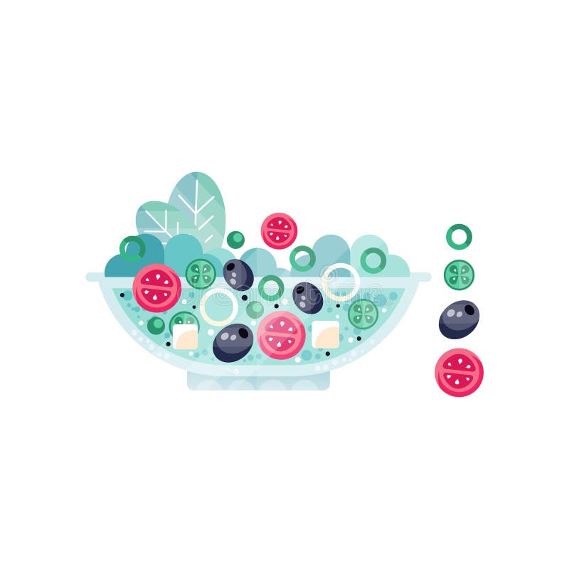 Bowla med smaklig grekisk sallad från tomater, gurkor, oliv, lökcirklar, grönsallatsidor och fetaost Plan vektor stock illustrationer Bowla med smaklig grekisk sallad från tomater, gurkor, oliv, lökcirklar, grönsallatsidor och fetaost Plan vektor stock illustrationer