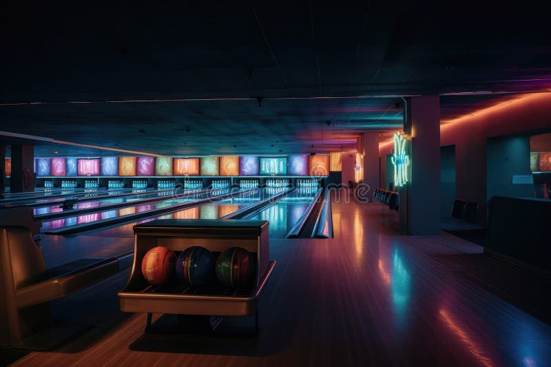 Bowling Alley Neon Lights. AI Generated Stock Illustration