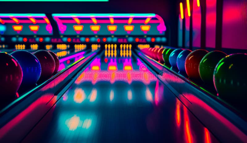 Bowling Alley with Neon Lights and Bowling Balls on the Bowling Alley ...