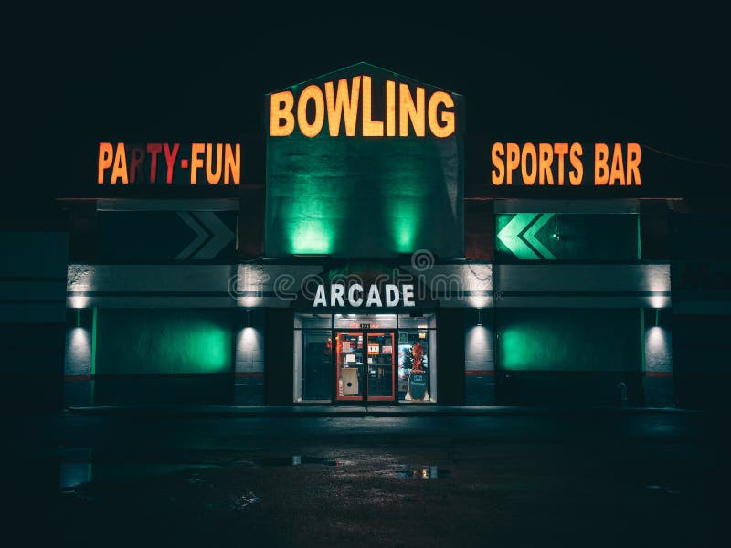 Bowling alley signs at night, Massapequa, New York