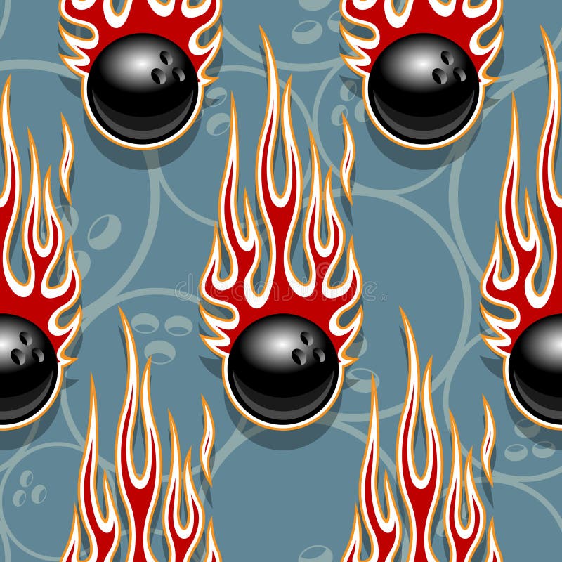 Seamless Vector Pattern with Bowling Ball Icons and Flames. Stock