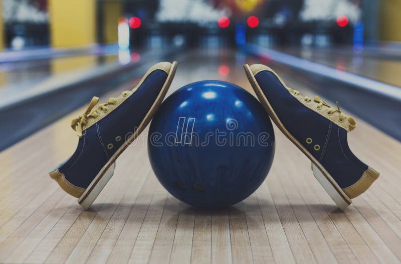 Bowling Ball and Shoes on Lane Background Stock Image Image of object