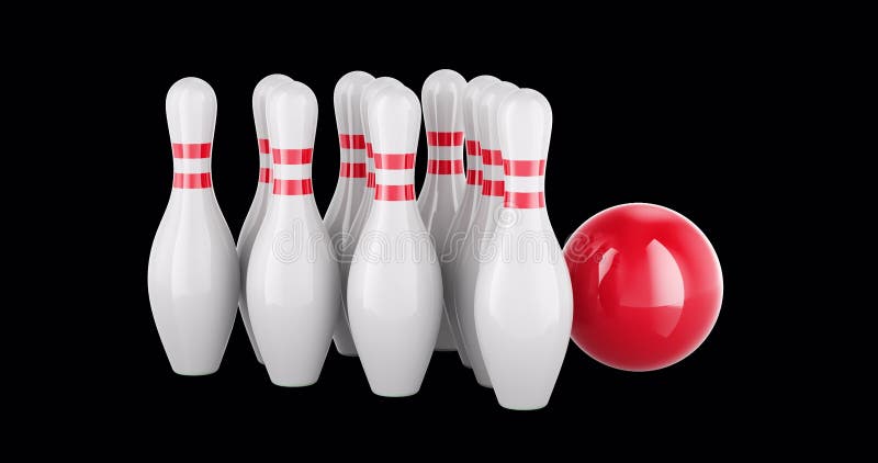 Bowling ball and skittles rotation animation, seamlessly loopable. 3D rendering isolated on transparent background vector illustration
