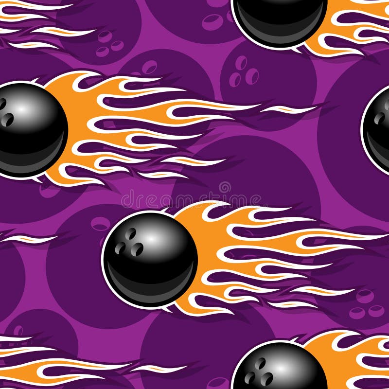 Seamless Vector Pattern with Bowling Ball Icons and Flames. Stock
