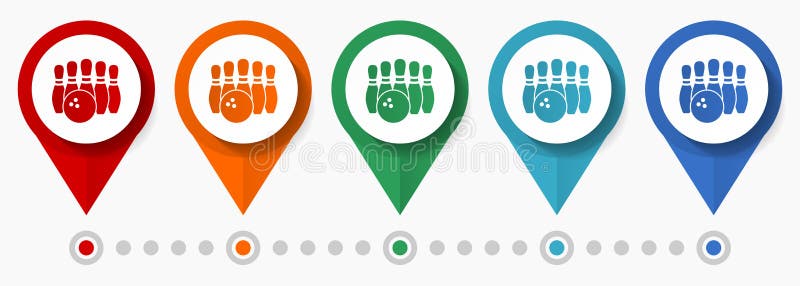 Bowling concept vector icon set, flat design sport pointers, infographic template easy to edit.