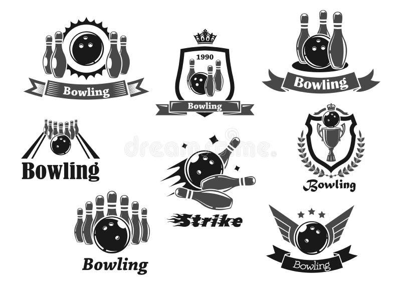 Bowling Strike Emblems with Balls and Ninepins Stock Vector ...