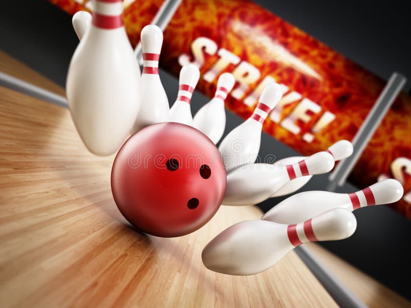 Bowling strike concept with rolling ball and pins. 