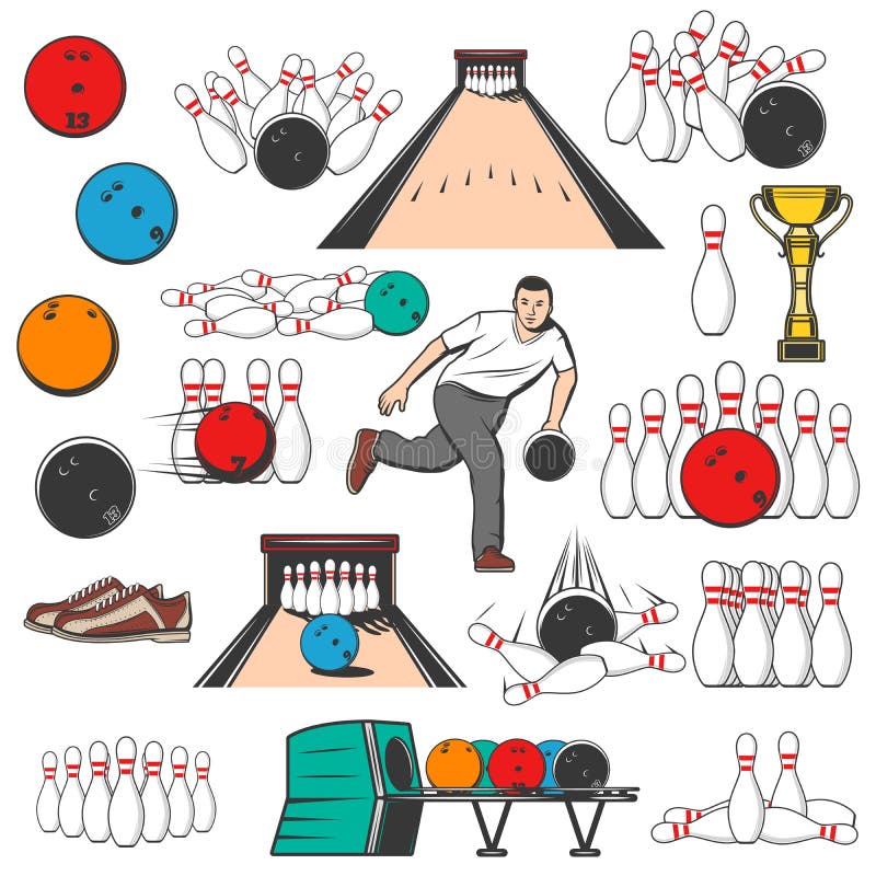 Bowlingsport, Spielgeräte, Pins und Kugeln stock abbildung Bowlingsport, Spielgeräte, Pins und Kugeln stock abbildung