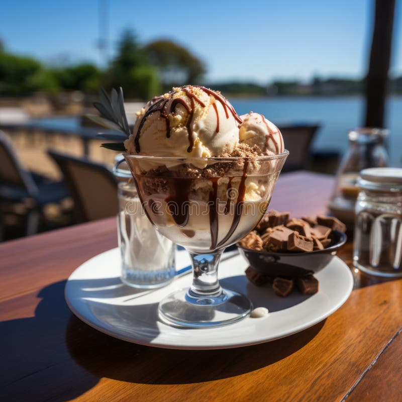 Bowls of chocolate ice cream in a dessert glass on the background of a beach resort. Beautiful composition of sweet ice cream royalty free illustration