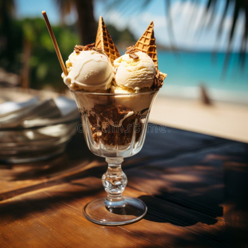 Bowls of chocolate ice cream in a dessert glass on the background of a beach resort. Beautiful composition of sweet ice cream vector illustration