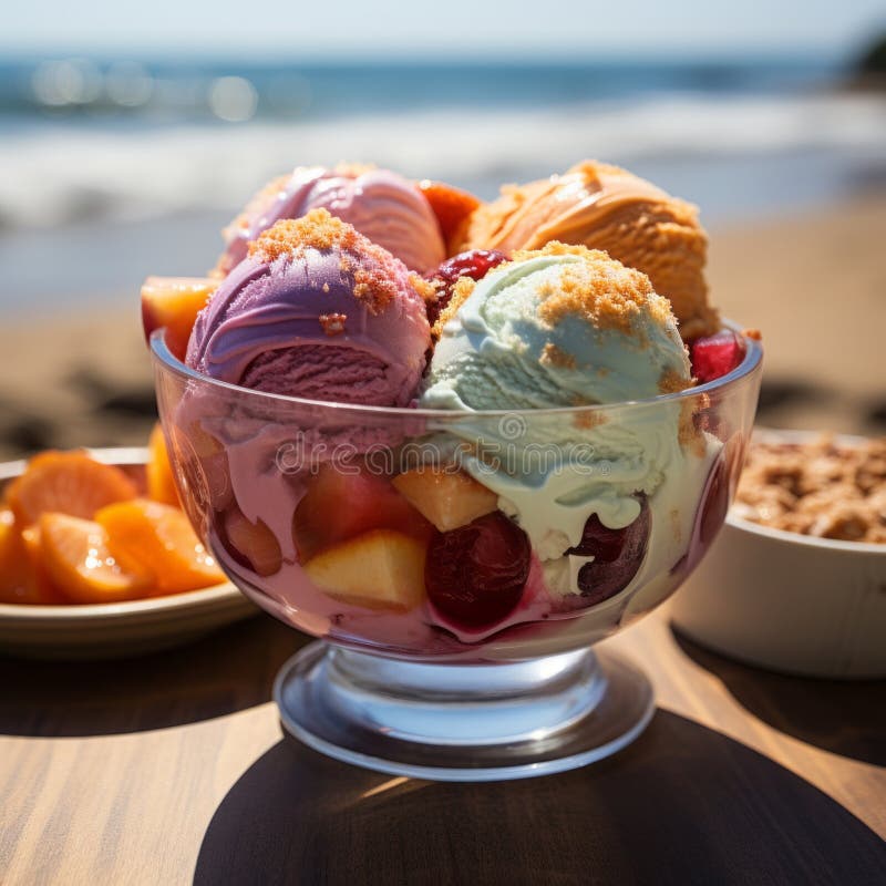 Bowls of colorful ice cream in a dessert glass on the background of a beach resort. Beautiful composition of sweet ice cream vector illustration
