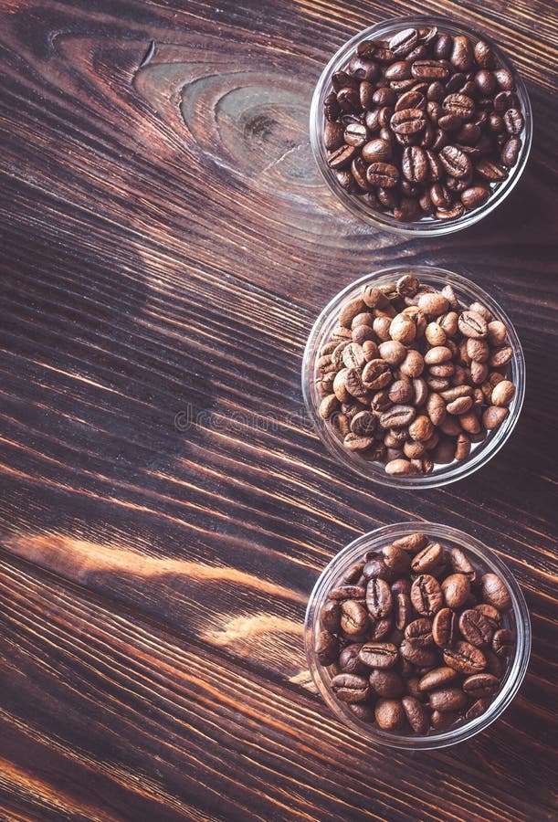 Bowls of different types of coffee beans