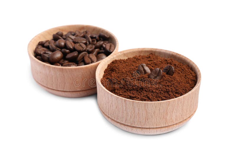 Bowls of Ground Coffee and Beans on White Background Stock Image