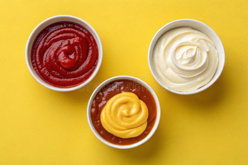 Bowls of ketchup mayonnaise and mustard isolated on yellow background, top view-generated by ai vector illustration