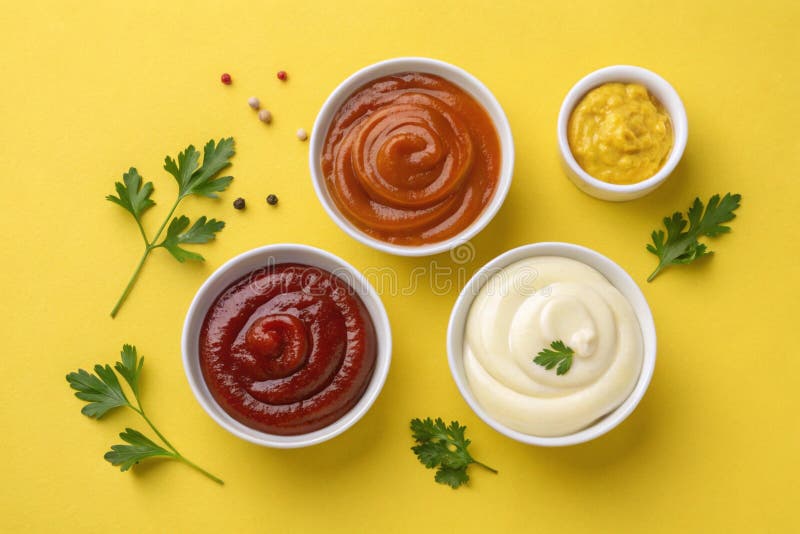 Bowls of ketchup mayonnaise and mustard isolated on yellow background, top view-generated by ai vector illustration