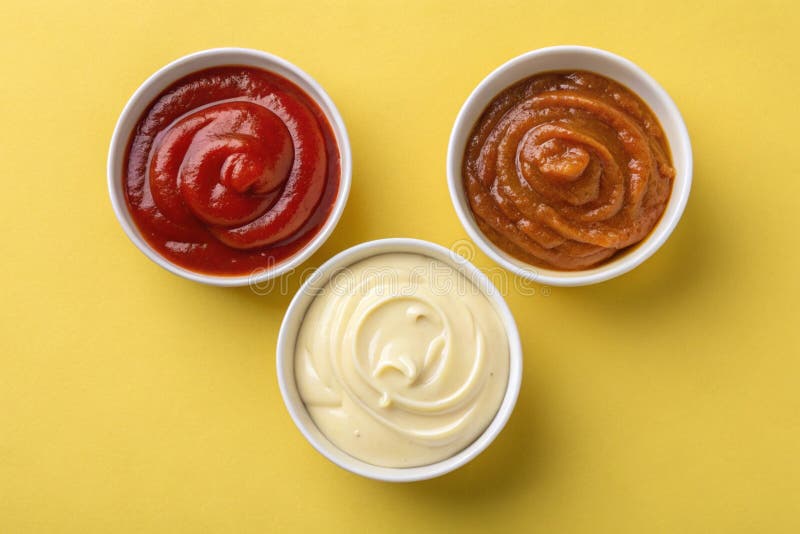 Bowls of ketchup mayonnaise and mustard isolated on yellow background, top view-generated by ai stock illustration