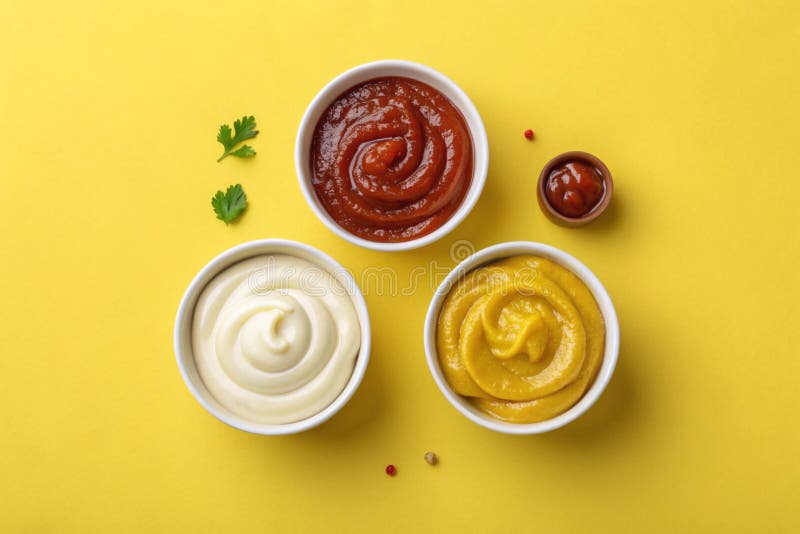 Bowls of ketchup mayonnaise and mustard isolated on yellow background, top view-generated by ai royalty free illustration