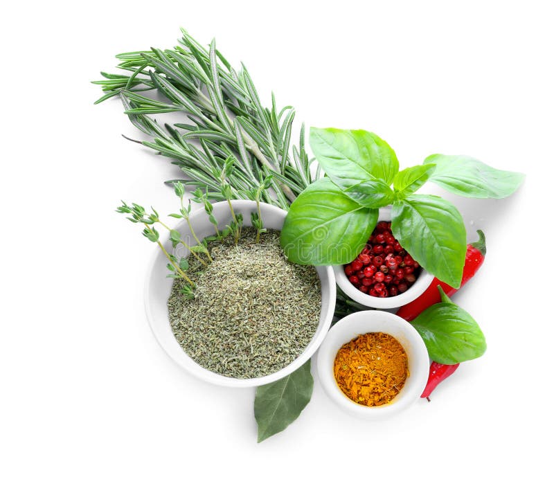 Bowls with Various Spices and Herbs on White Background Stock Image