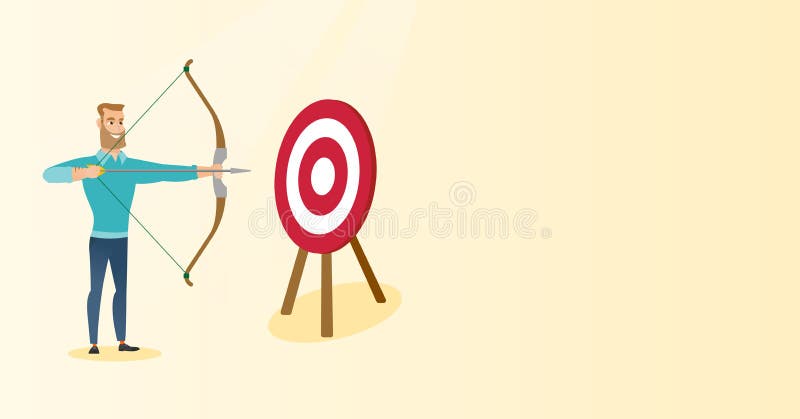 Young caucasian bowman aiming with a bow and arrow at the target. Concentrated hipster bowman with beard shooting arrow during archery competition. Vector flat design illustration. Horizontal layout. Aiming target vectors