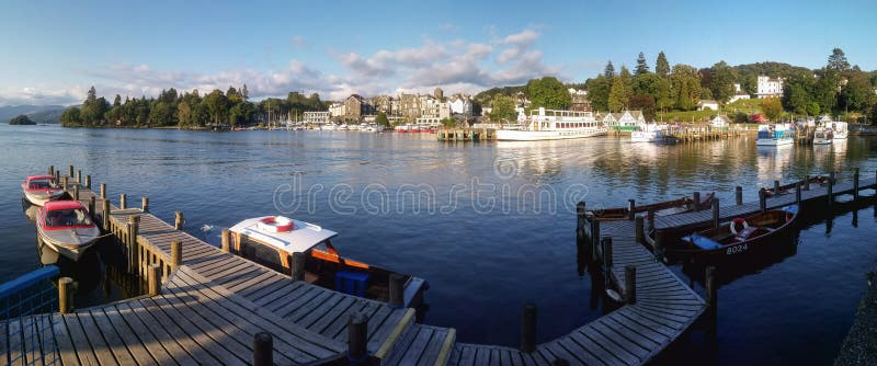 Bowness-on-Windermere panoramic harbor view in afternoon light, stock image Bowness-on-Windermere panoramic harbor view in afternoon light, stock image