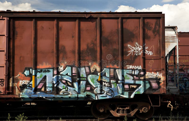 Box Cars from A Freight Train With Graffiti