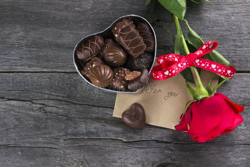 Box of Chocolates, Red Rose on a Dark Background Stock Photo Image of
