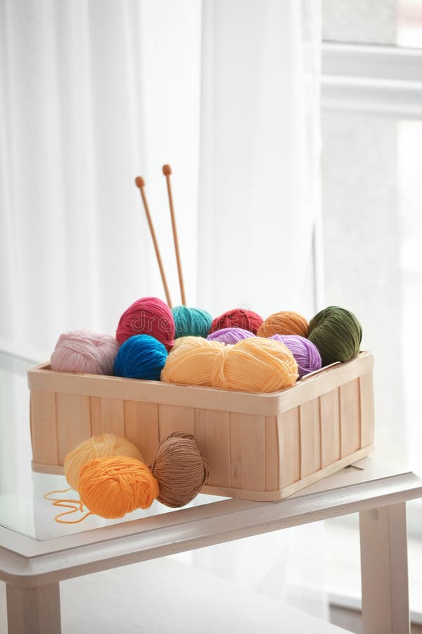 Box with Colorful Knitting Yarns and Needles on Table Indoors Stock Image Image of needles