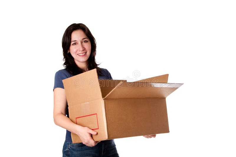box den bärande moving kvinnan för öppen lagring arkivbild box den bärande moving kvinnan för öppen lagring arkivbild