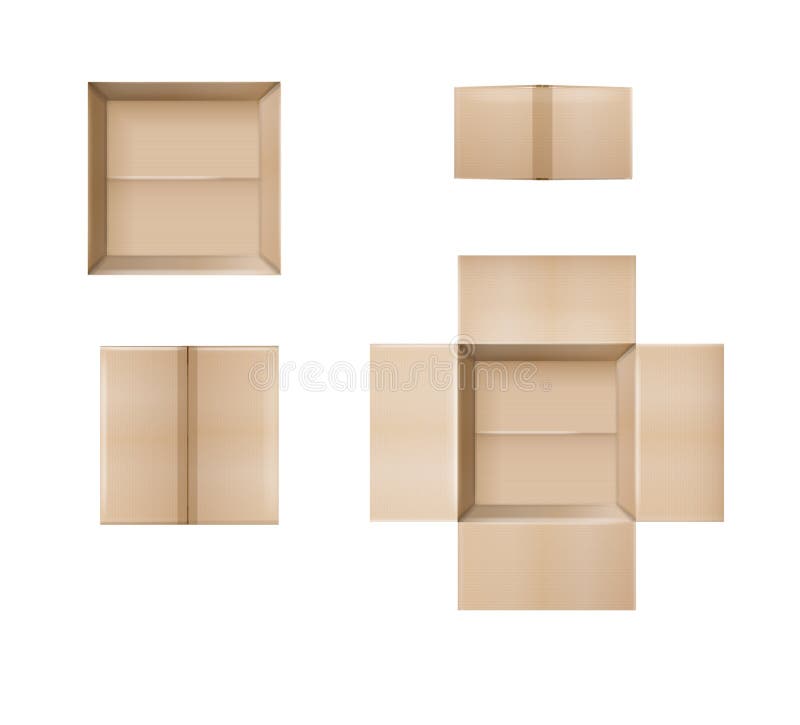 Box. Empty open and closed cardboard box. Realistic cardboard box mockup set from side, front and top view open and closed royalty free illustration