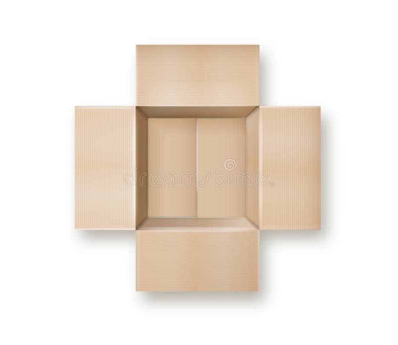 Box. Empty open and closed cardboard box. Realistic cardboard box mockup set from side, front and top view open and closed vector illustration