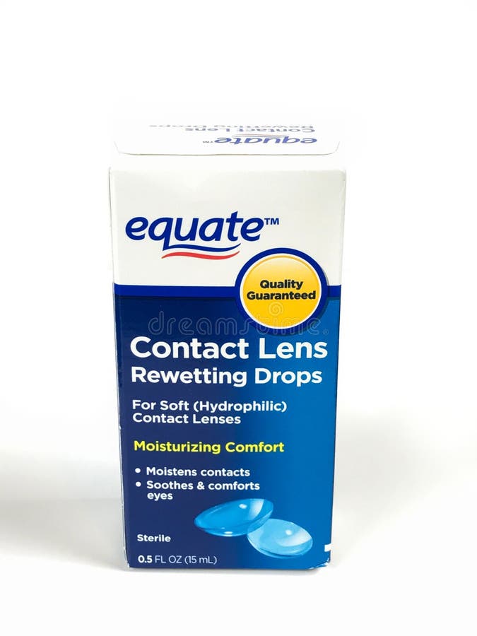 Box of Equate Contact Lens Rewetting Drops on a Black Backdrop