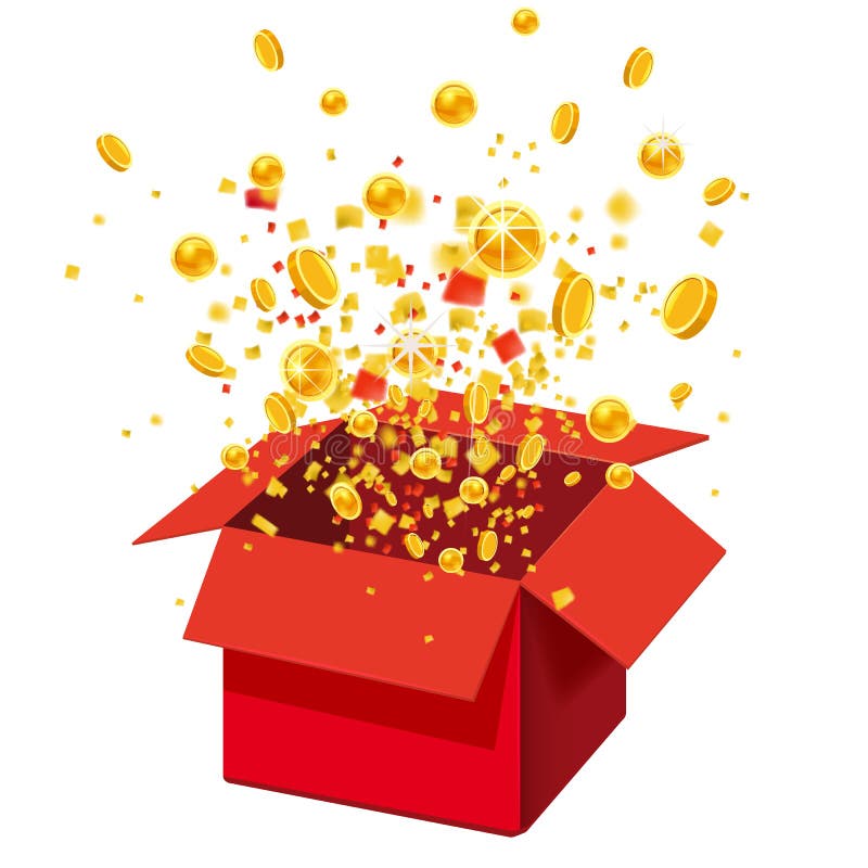 Box with Coins Exploision, Blast. Open Red Gift Box and Confetti. Win