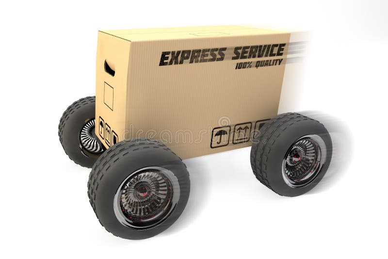Box with express delivery on wheels vector illustration