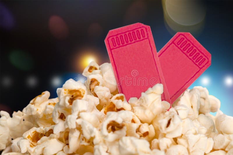 Popcorn Food In Box And Tickets On Blurred